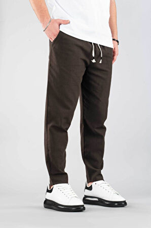 Erkek Jogger Keten Pantolon Beli Lastikli İpli Pamuklu Rahat Boyfriend Pantolon