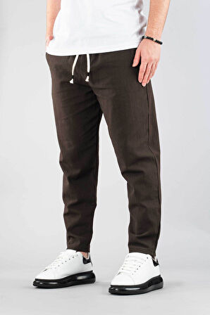 Erkek Jogger Keten Pantolon Beli Lastikli İpli Pamuklu Rahat Boyfriend Pantolon