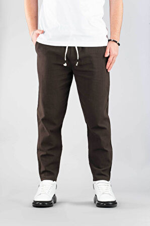 Erkek Jogger Keten Pantolon Beli Lastikli İpli Pamuklu Rahat Boyfriend Pantolon