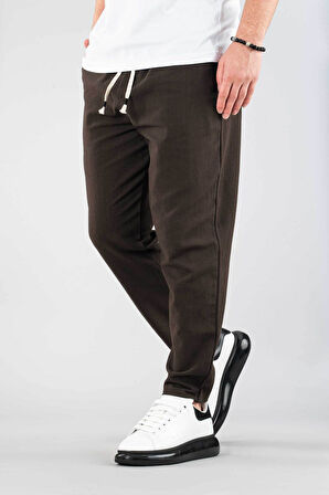 Erkek Jogger Keten Pantolon Beli Lastikli İpli Pamuklu Rahat Boyfriend Pantolon