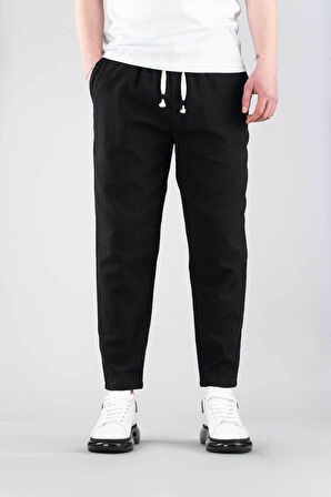 Erkek Jogger Keten Pantolon Beli Lastikli İpli Pamuklu Rahat Boyfriend Pantolon