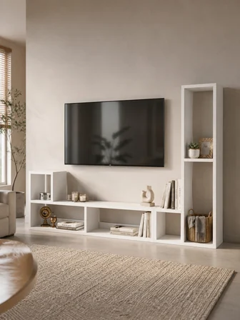 OSLO Beyaz İkili Modüler Çok Amaçlı Dikey Raf Ünitesi | TV Ünitesi | Kitaplık | Konsol | Dekoratif Düzenleyici |  Dresuar | Çiçeklik