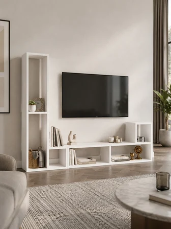 OSLO Beyaz İkili Modüler Çok Amaçlı Dikey Raf Ünitesi | TV Ünitesi | Kitaplık | Konsol | Dekoratif Düzenleyici |  Dresuar | Çiçeklik