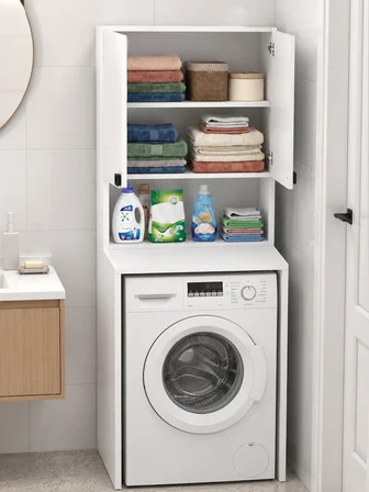 SUSA Çamaşır Makinesi Üst Dolabı | Çok Amaçlı Banyo ve Çamaşır Odası Düzenleyici | Raflı Kapaklı Depolama Dolabı