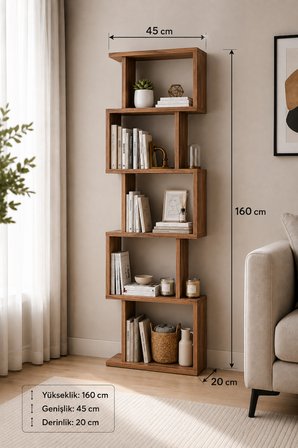 Sheila Concept Tulsa 5 Raflı Dekoratif Raf Ceviz 160 cm Modern Kitaplık