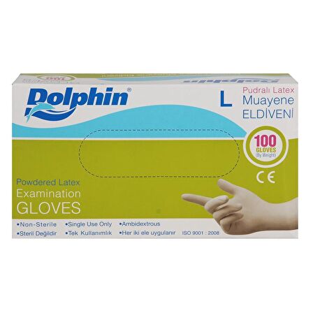 Dolphin Tek Kullanımlık Lateks Beyaz Pudralı Large ( L ) Muayne Eldiveni - 5 Adet 100'lü Paket