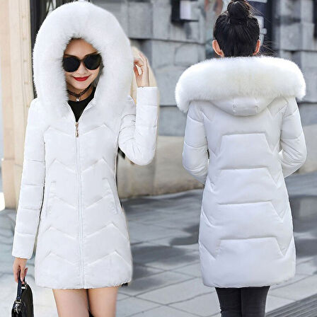 Günlük Kışlık Kapişonu Kürklü Kadın Şişme Mont