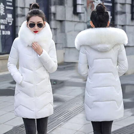 Günlük Kışlık Kapişonu Kürklü Kadın Şişme Mont