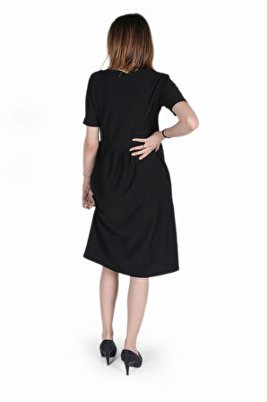 Keten Günlük Yazlık V yaka Kısa Kol Düğme Detaylı Kadın Elbise