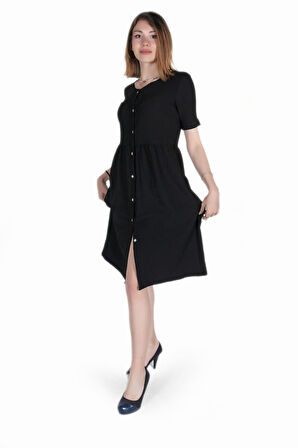 Keten Günlük Yazlık V yaka Kısa Kol Düğme Detaylı Kadın Elbise