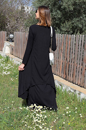 Keten Günlük Yazlık Salaş Kadın İki Katlı  Elbise