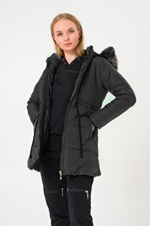 Kışlık Yaka Kürklü Uzun Kadın Şişme Mont