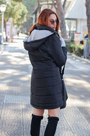Kışlık Kapüşonlu Uzun Kadın Şişme Mont