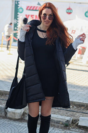 Kışlık Kapüşonlu Uzun Kadın Şişme Mont