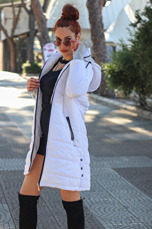 Kışlık Kapüşonlu Uzun Kadın Şişme Mont