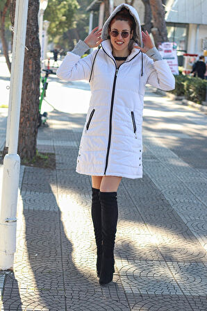 Kışlık Kapüşonlu Uzun Kadın Şişme Mont