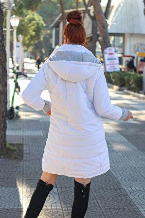 Kışlık Kapüşonlu Uzun Kadın Şişme Mont