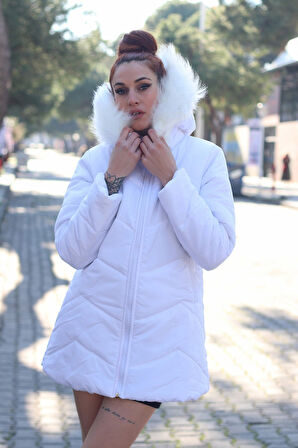 Günlük Kışlık Kapişonu Kürklü Kadın Şişme Mont