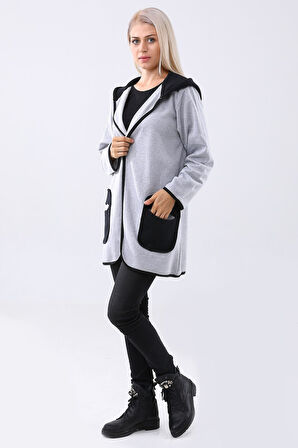 Sezonluk Kapüşonlu Cepli Kadın Uzun Ceket