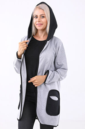 Sezonluk Kapüşonlu Cepli Kadın Uzun Ceket