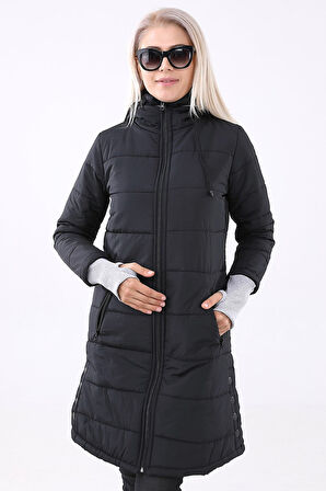 Kışlık Kapüşonlu Uzun Kadın Şişme Mont