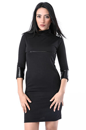 Sezonluk Deri Detaylı Dirsek Kol Kadın Elbise