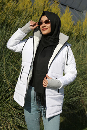 Kışlık Kapüşonlu Uzun Kadın Şişme Tesettür Mont