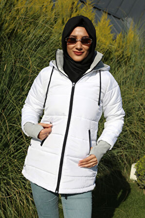 Kışlık Kapüşonlu Uzun Kadın Şişme Tesettür Mont