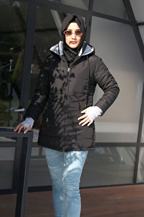 Kışlık Kapüşonlu Uzun Kadın Şişme Tesettür Mont