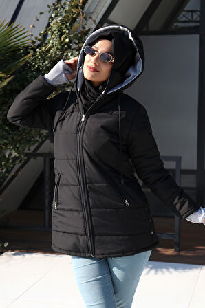 Kışlık Kapüşonlu Uzun Kadın Şişme Tesettür Mont