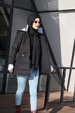 Kışlık Kapüşonlu Uzun Kadın Şişme Tesettür Mont