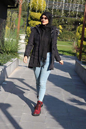 Kışlık Yaka Kürklü Uzun Kadın Şişme Tesettür Mont