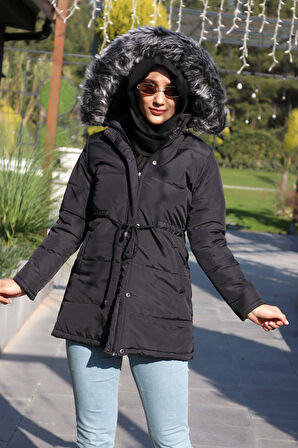 Kışlık Yaka Kürklü Uzun Kadın Şişme Tesettür Mont