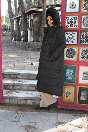 Diz Boy Kürk Detaylı Şişme Tesettür Mont