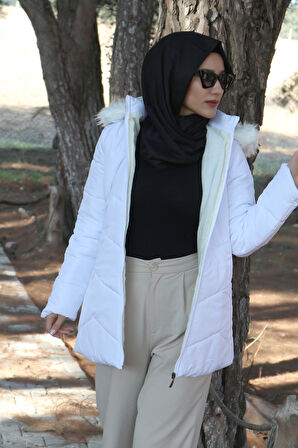 Günlük Kışlık Kapüşonu Kürklü Kadın Şişme Mont