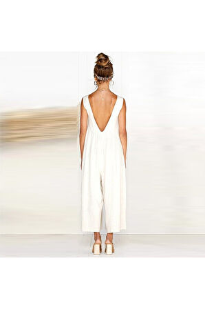 Yazlık Günlük Sırt Dekolteli Salaş Kadın Tulum