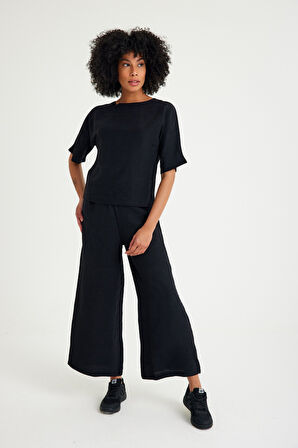 Keten Günlük Rahat Beli Lastikli Kadın İkili Takım Alt Üst