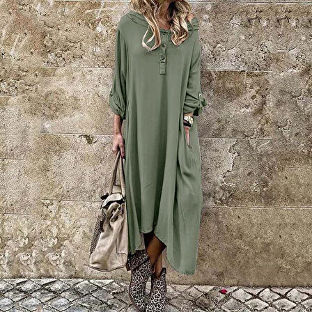 Keten Günlük Salaş Yazlık Cepli Kadın Elbise