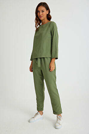 Keten Günlük Rahat Beli Kemerli Kadın İkili Takım Alt Üst