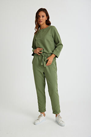 Keten Günlük Rahat Beli Kemerli Kadın İkili Takım Alt Üst