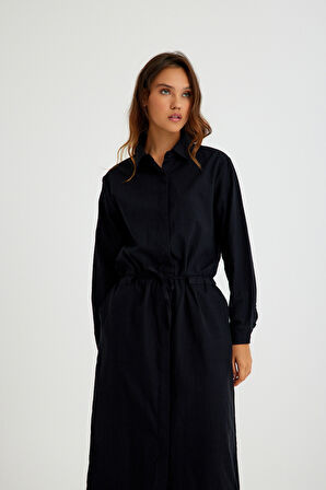 Keten Günlük Rahat Beli Bağcık Detaylı Uzun Kol Elbise