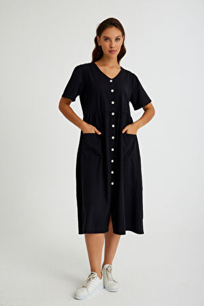 Keten Günlük Rahat V Yaka Beli Büzgü Detaylı Düğmeli Elbise