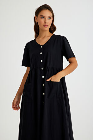 Keten Günlük Rahat V Yaka Beli Büzgü Detaylı Düğmeli Elbise