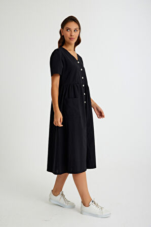 Keten Günlük Rahat V Yaka Beli Büzgü Detaylı Düğmeli Elbise