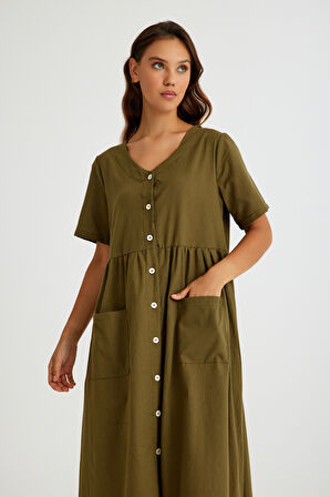 Keten Günlük Rahat V Yaka Beli Büzgü Detaylı Düğmeli Elbise