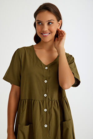 Keten Günlük Rahat V Yaka Beli Büzgü Detaylı Düğmeli Elbise