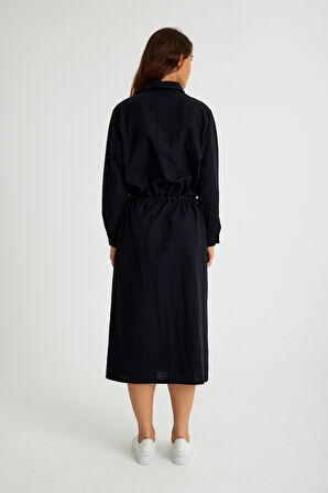 Keten Günlük Rahat Beli Bağcık Detaylı Uzun Kol Elbise