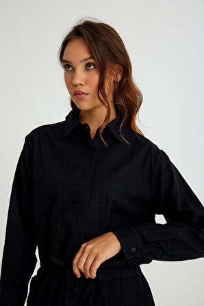 Keten Günlük Rahat Beli Bağcık Detaylı Uzun Kol Elbise