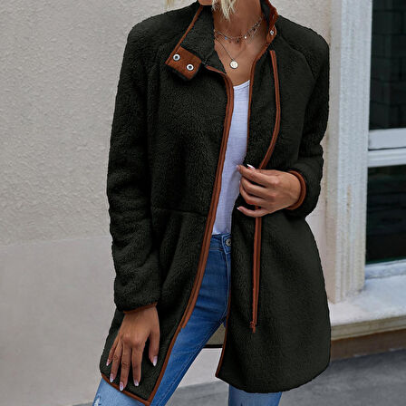 Peluş Uzun Kollu Kışlık Kadın Fermuarlı Astarlı Tüylü Ceket