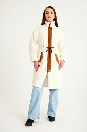 Peluş Beli Bağcıklı Kışlık Kadın Fermuarlı Tüylü Ceket